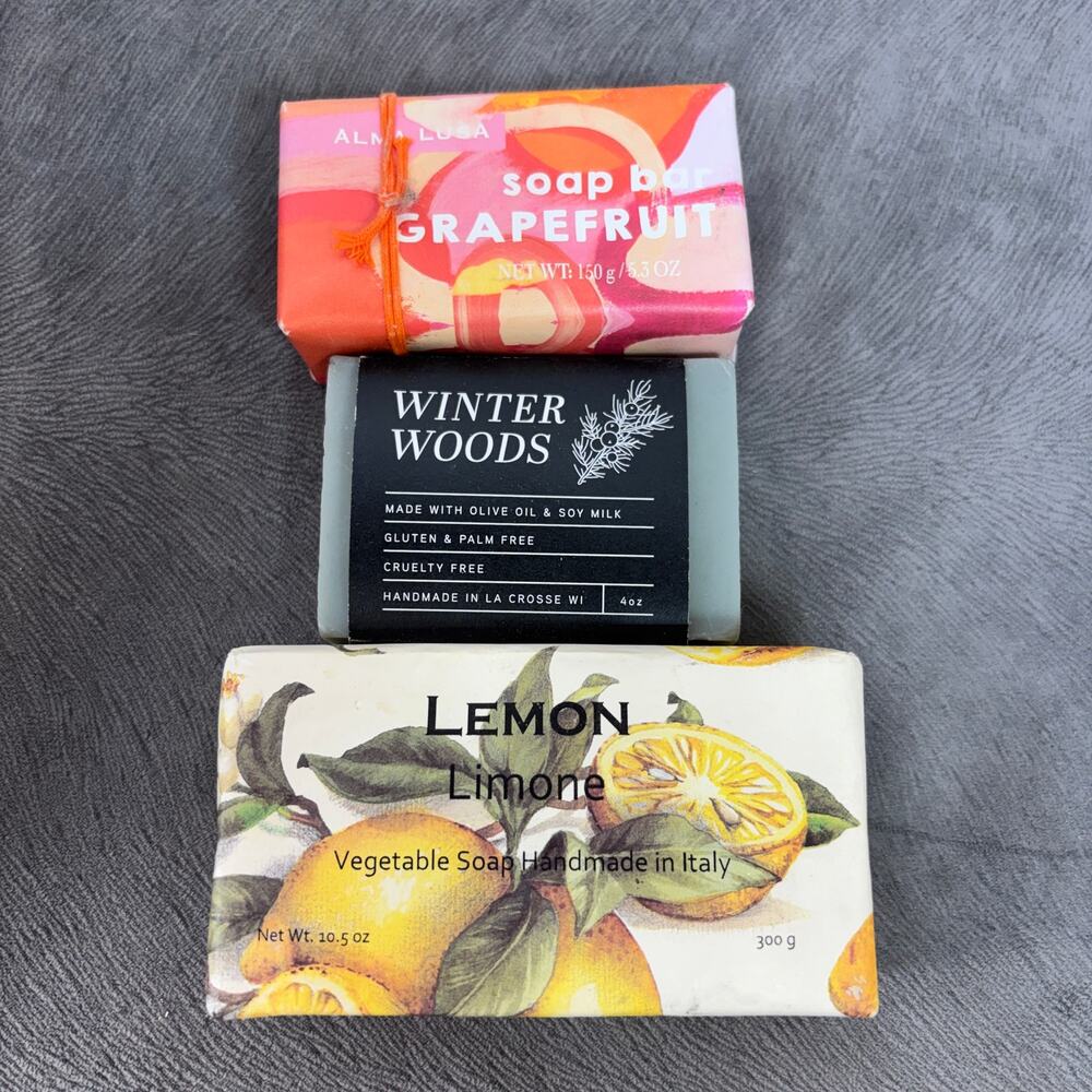 Scented Bar Soap Hand Body Skincare Lot of 3 Winter Woods + Grapefruit + Lemon